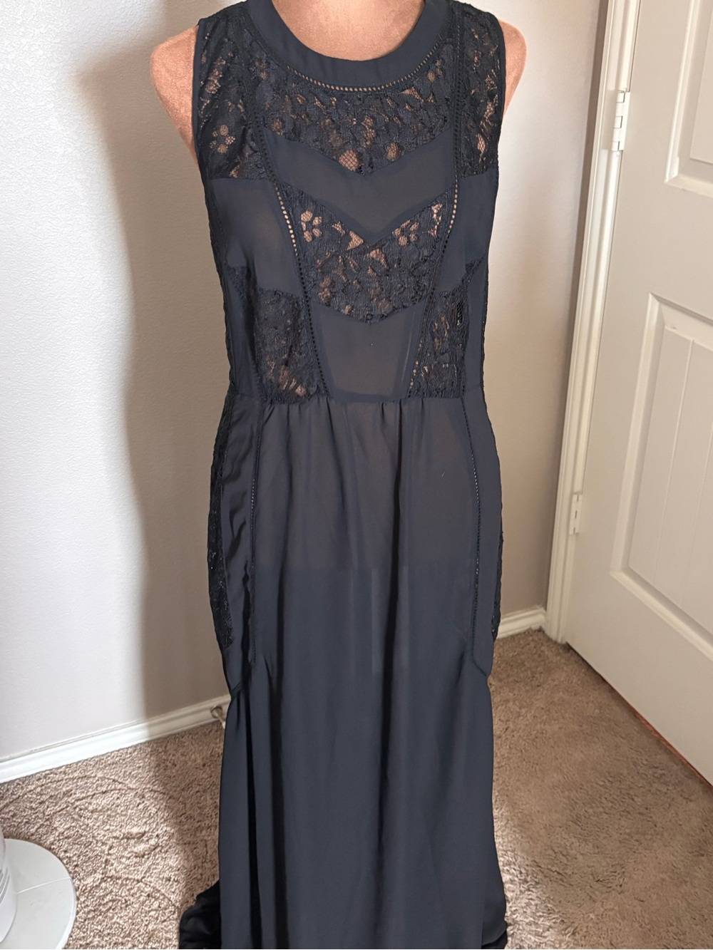 H&M Black Sheer Lace Maxi Dress Sleeveless Size 8 Goth Boho Formal